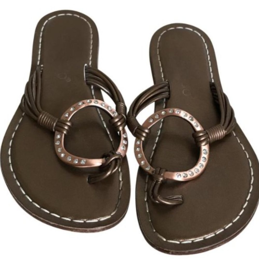 Bernardo O Ring with Crystals, Copper Colored Leather Sandal size 8